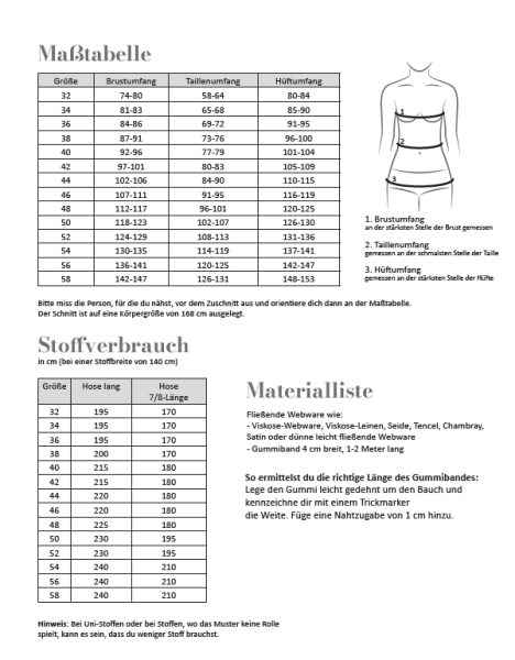 Maßtabelle und Stoffverbrauch zum Schnittmuster Culotte von Fadenkäfer